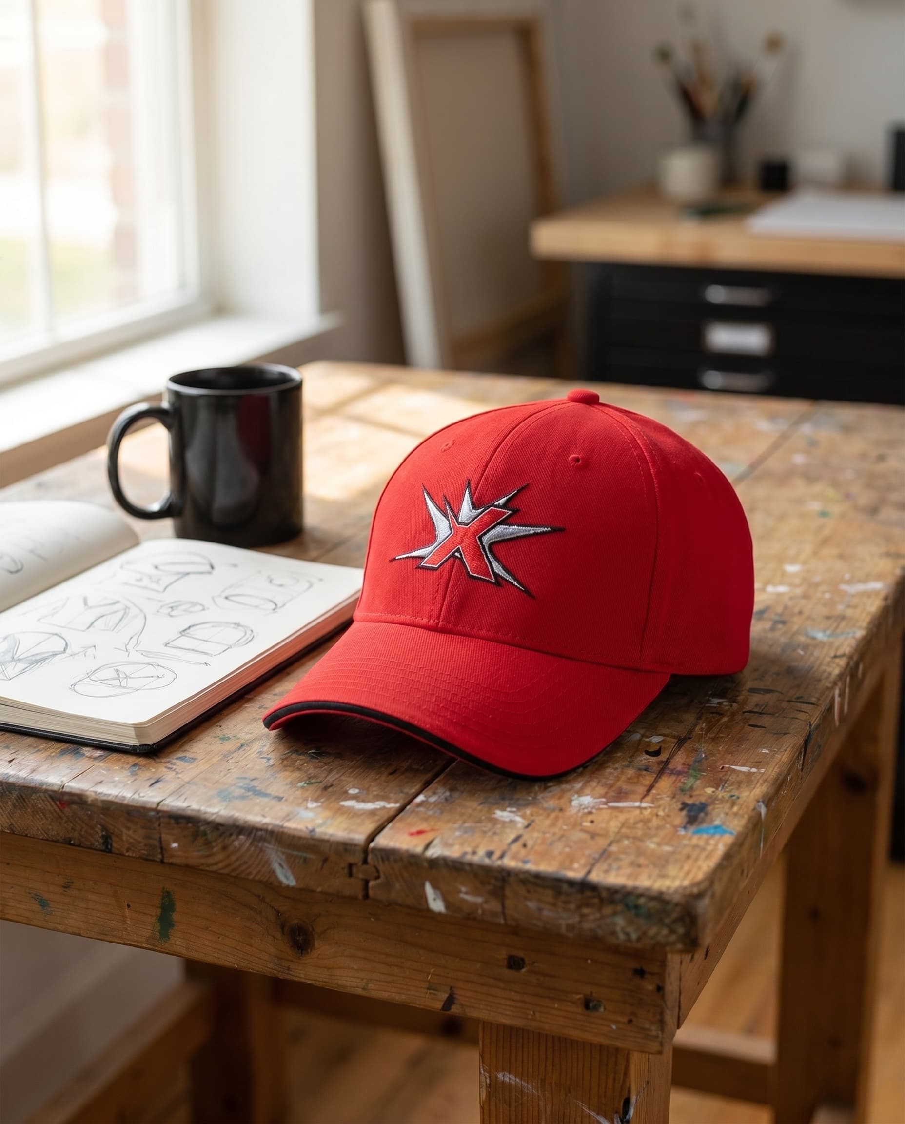 A red USA-made baseball cap on a paint-flecked wooden studio worktable next to an open sketchbook and a coffee mug