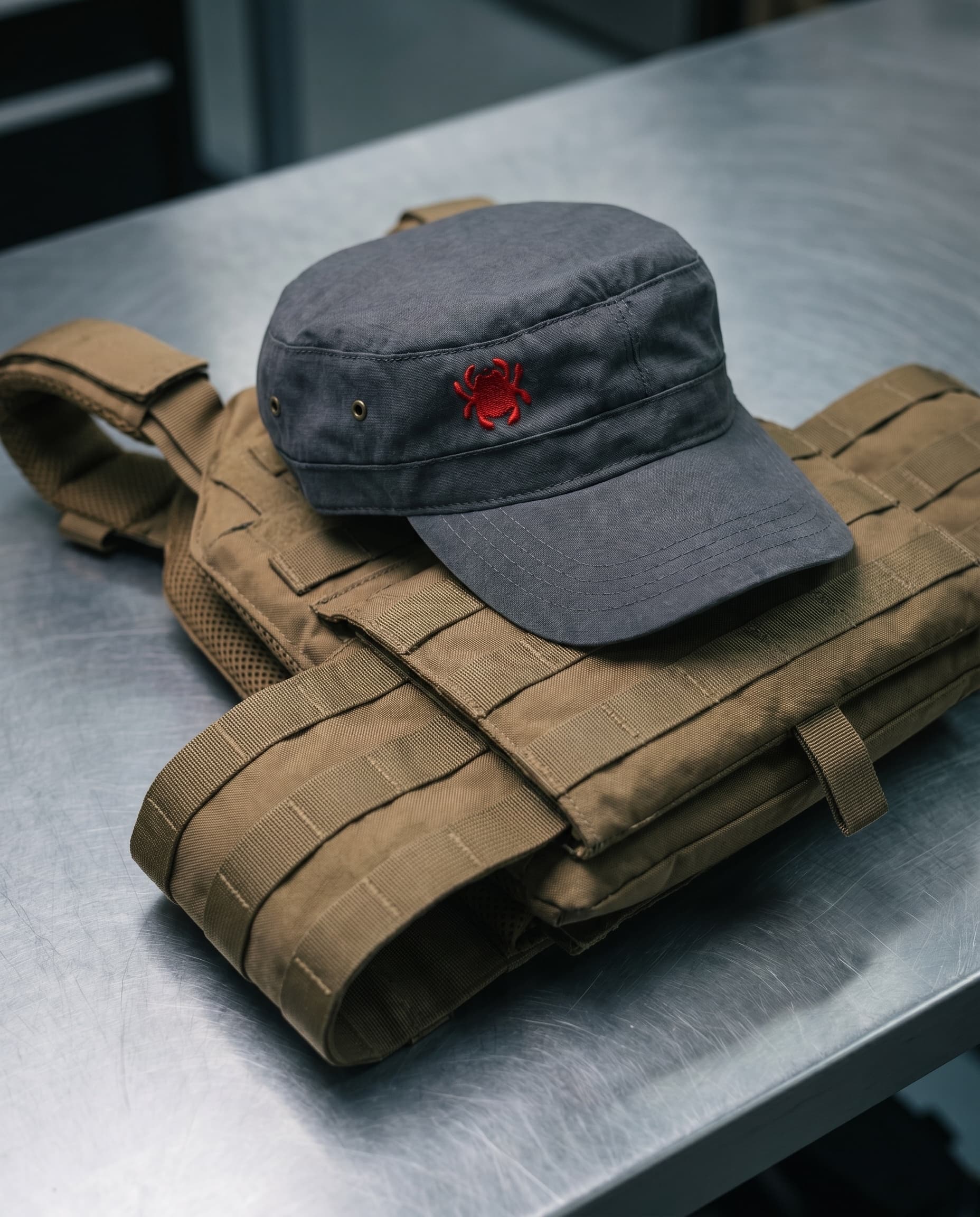 A charcoal USA-made military-style cap on a folded coyote-tan tactical plate-carrier vest on a brushed steel surface