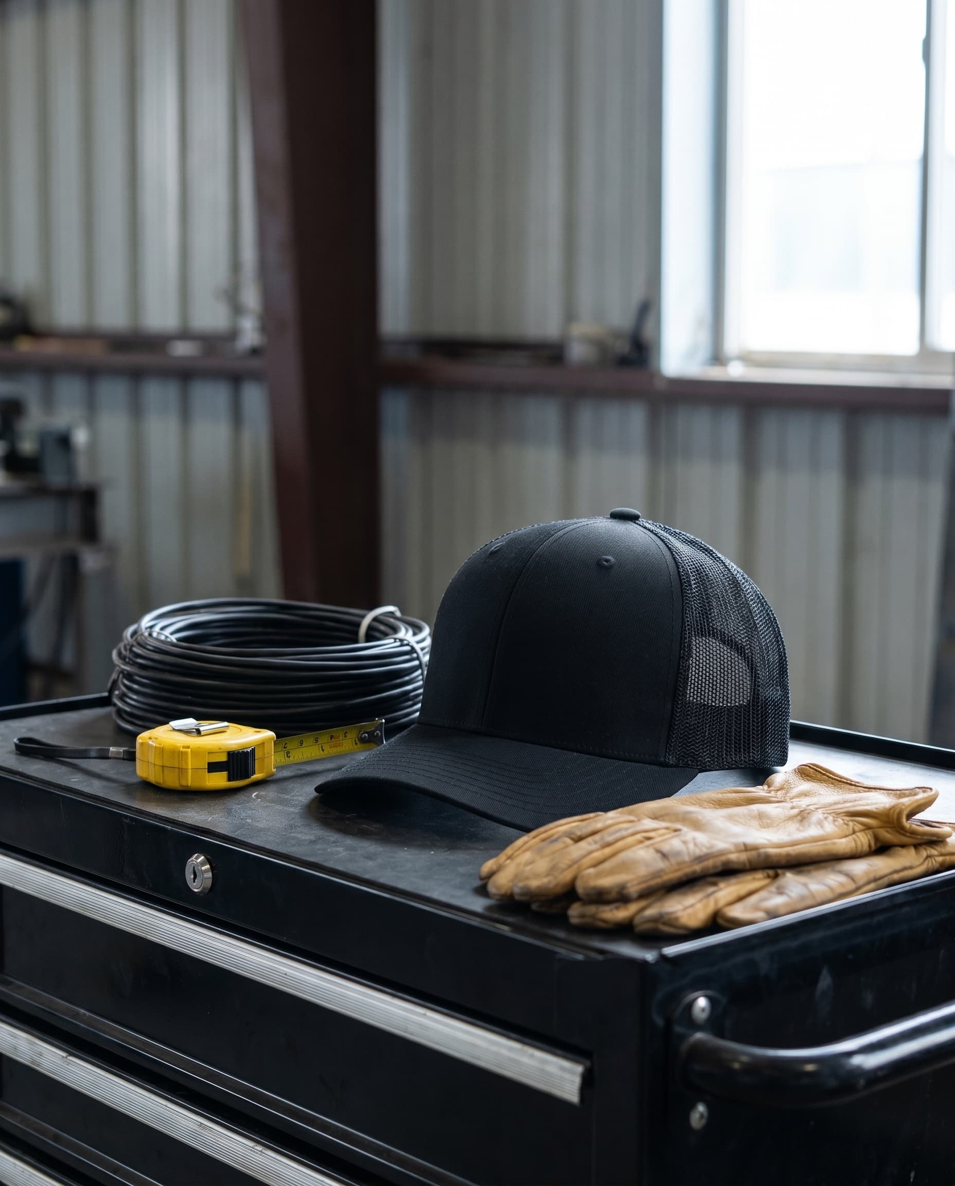 A black USA-made mesh-back trucker cap on a steel job-site tool chest with coiled electrical wire, a tape measure, and work gloves